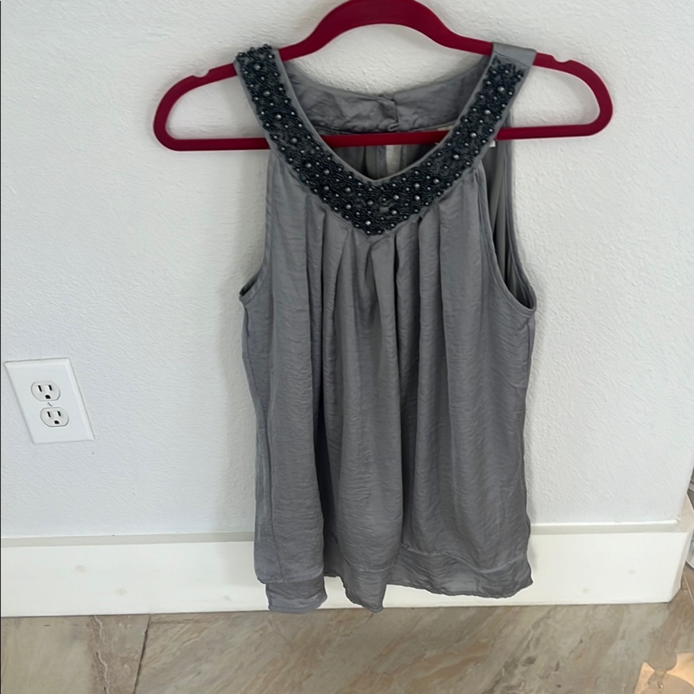 (NWT) Adiva Gray Embellished Pleated Tank Top